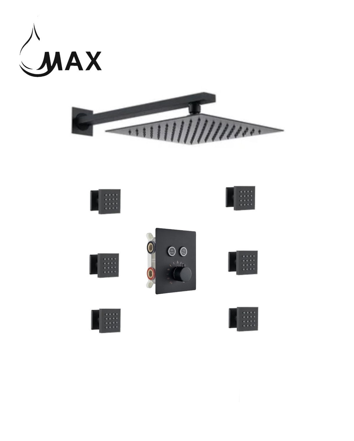 Thermostatic Shower System Two Function With 6 Body Jets and Valve Matte Black Finish