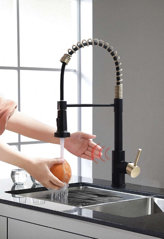 Smart Touch-Less Kitchen Faucet Pull-Out Spring Spout 20" Matte Black, Brushed Gold Finish