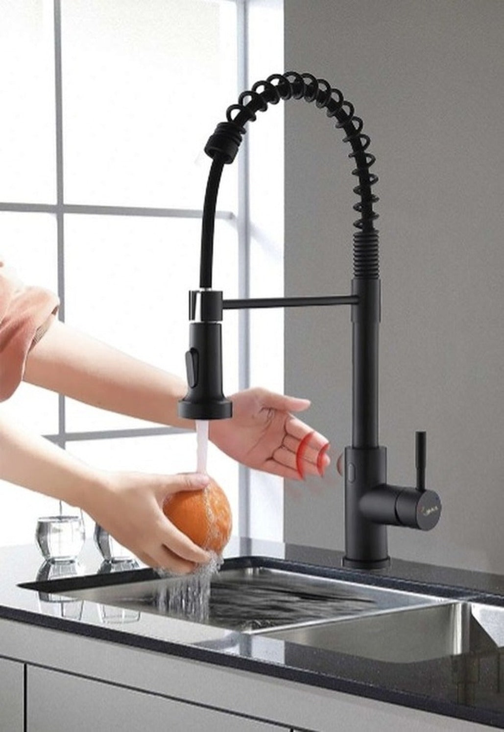 Smart Touch-Less Kitchen Faucet Pull-Out Spring Spout 20" Matte Black Finish