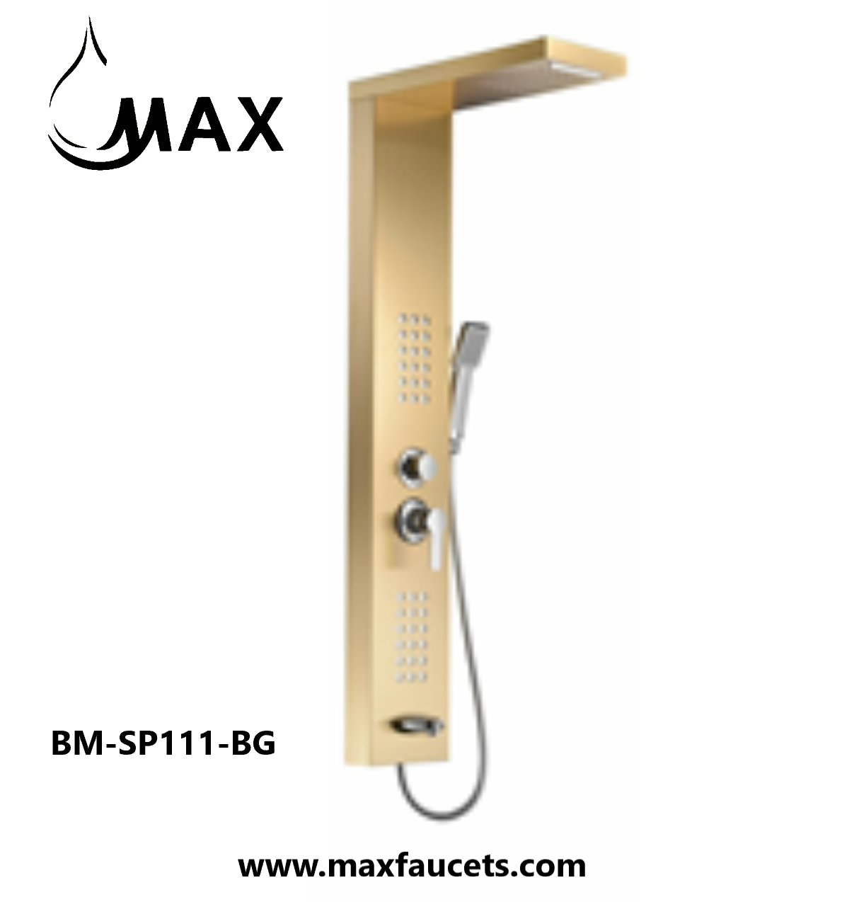 Waterfall Shower Panel System with 2 Massage Jets and Handheld Brushed Gold