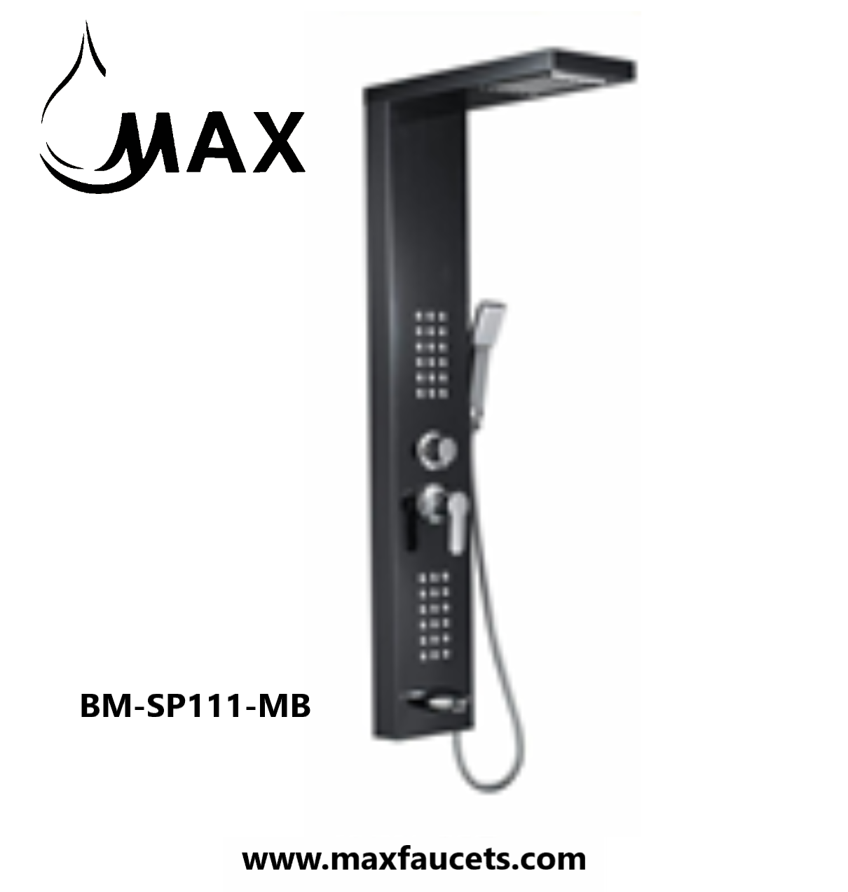 Waterfall Shower Panel System with 2 Massage Jets and Handheld Black Finish