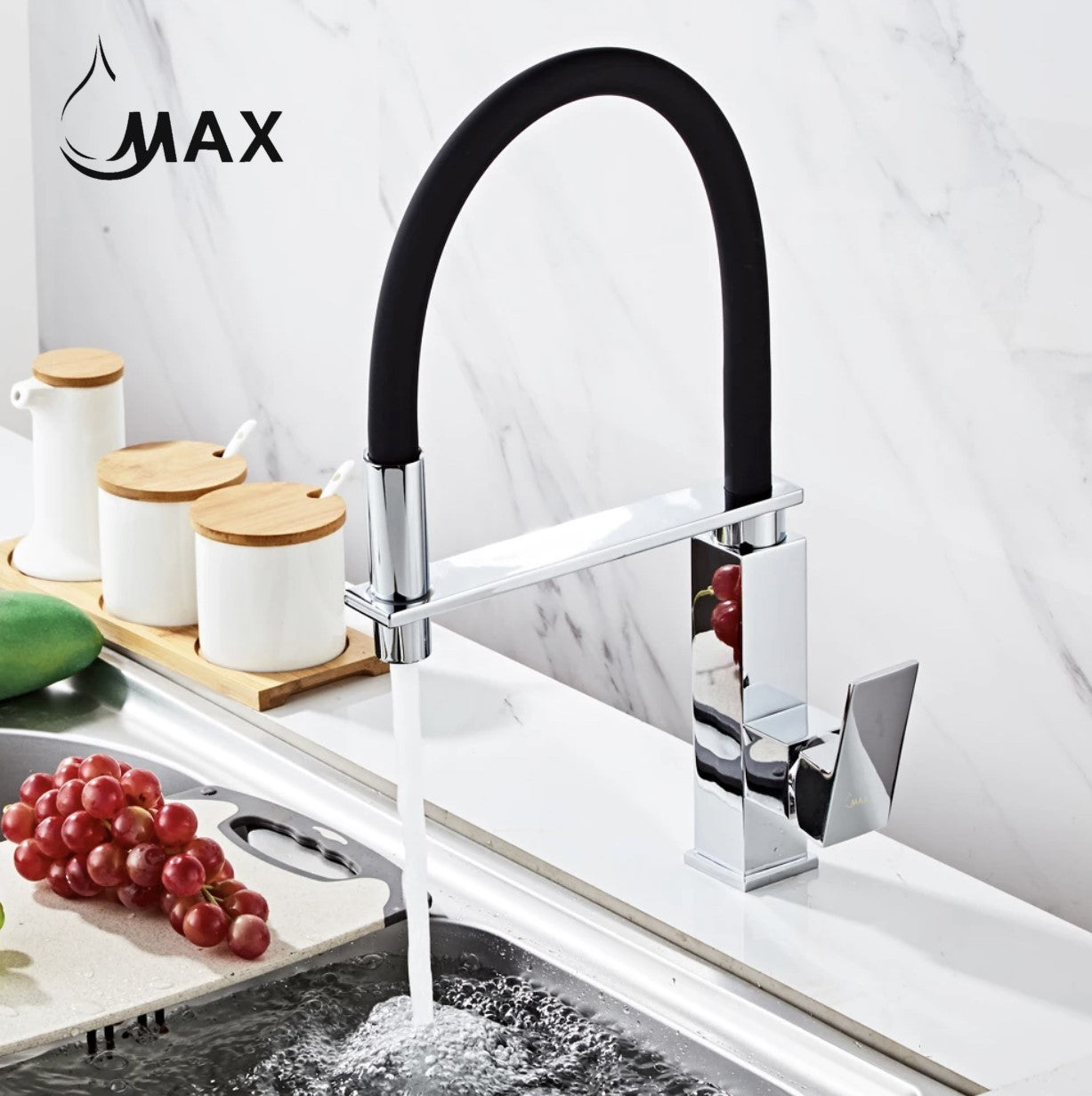 Pull-Down Rubber Flexible Kitchen Faucet 18" Chrome/ Matte Black Rubber Finish