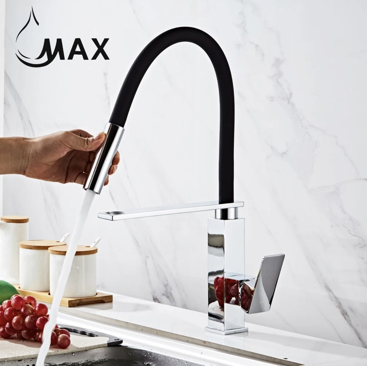 Pull-Down Rubber Flexible Kitchen Faucet 18" Chrome/ Matte Black Rubber Finish
