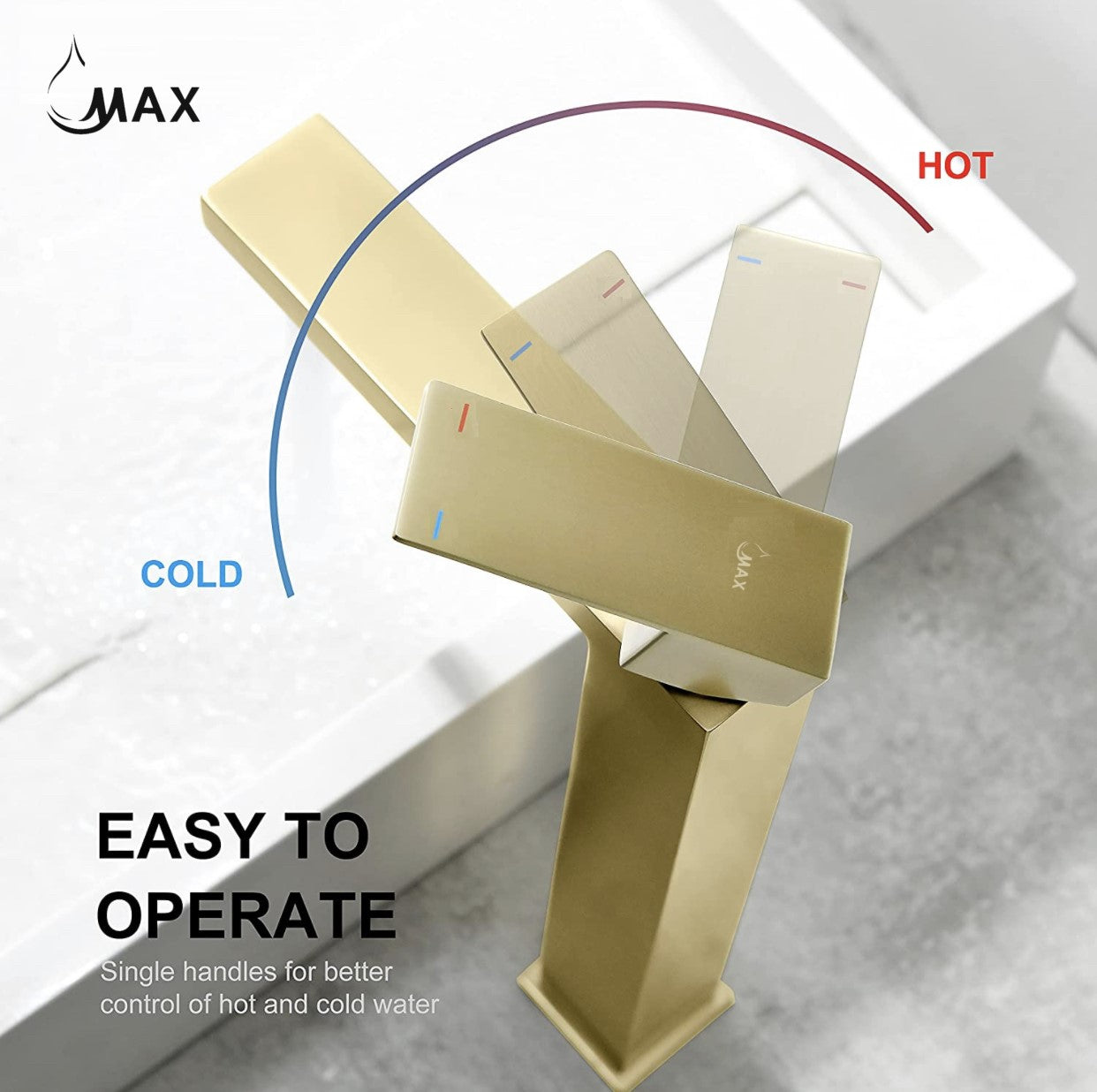 Brushed Gold Single Handle Vessel Bathroom Faucet Elegance Square Design 11.5"