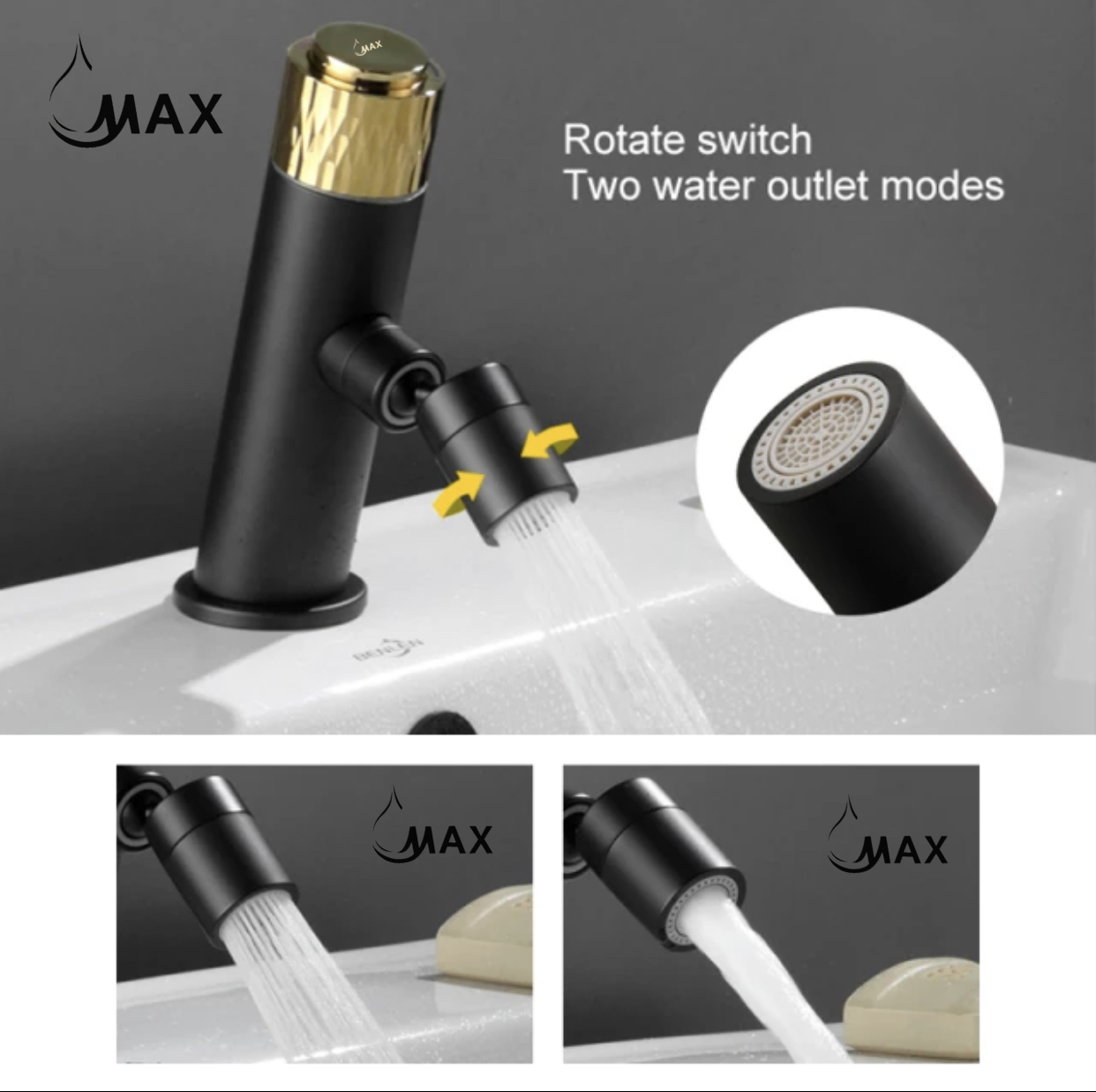 Smart Punch Knob Rotate Swivel Spout Bathroom Faucet Matte Black,Shiny Gold Knob Finish