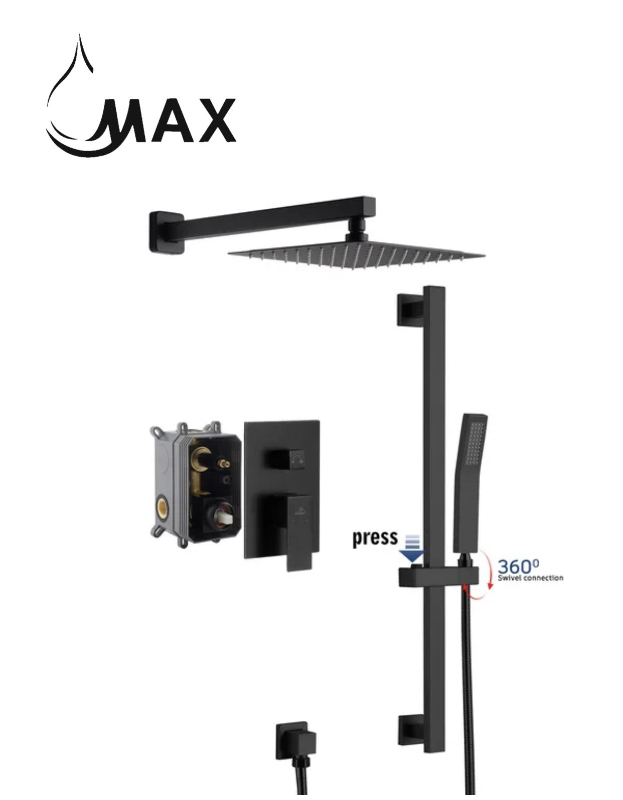 Square Wall Mounted Shower System Two Functions With Hand-Held Slide Bar Matte Black Finish
