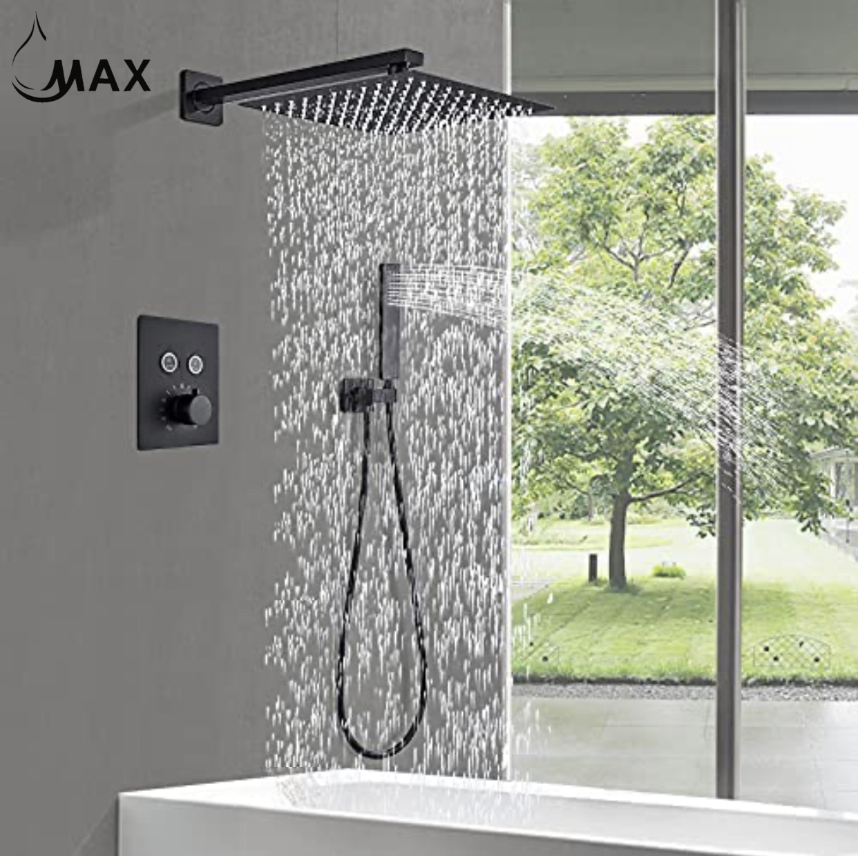 Thermostatic Square Shower System Two Functions With Valve Matte Black Finish