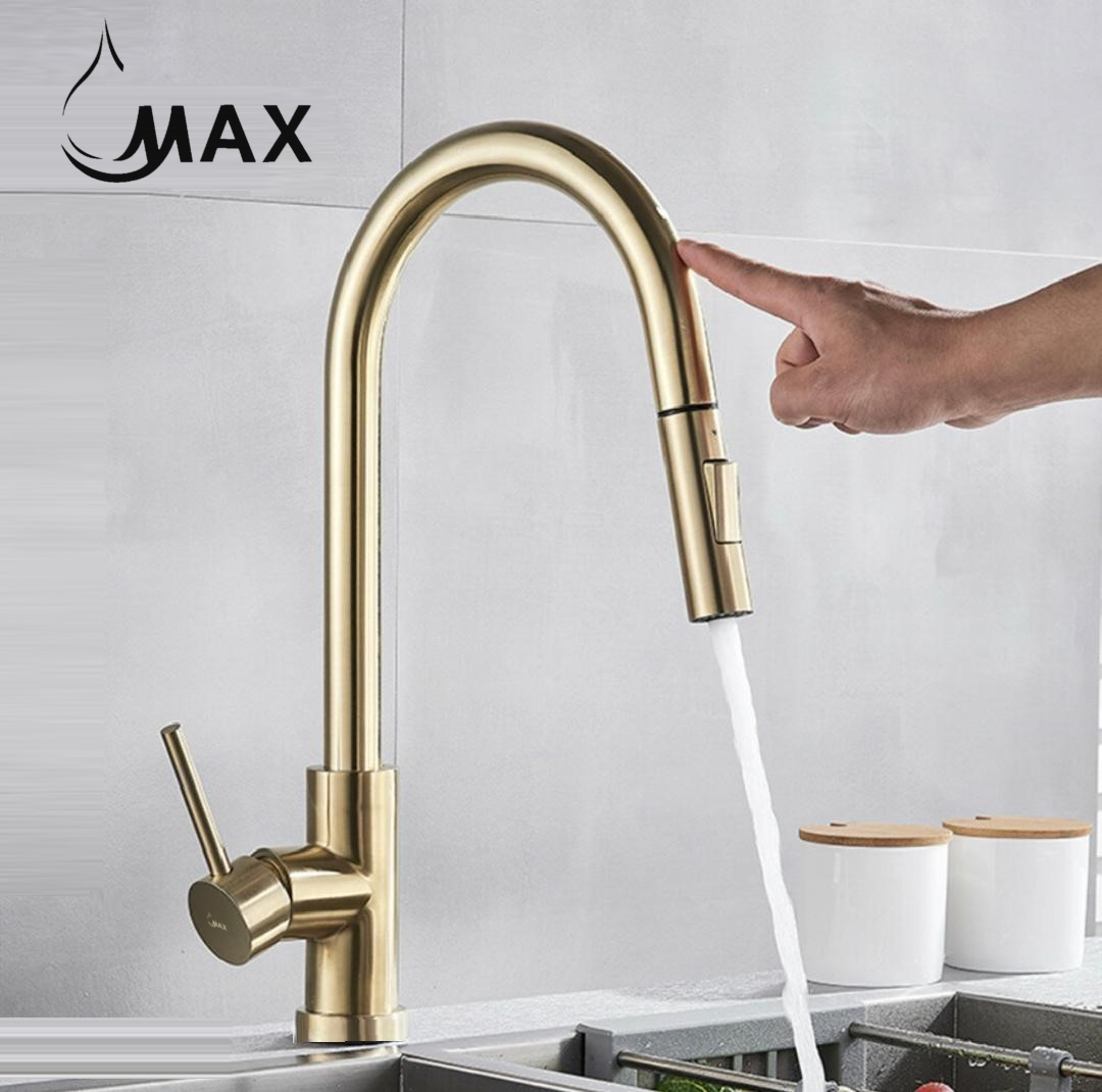 Smart Touch Kitchen Faucet Single Handle Pull-Out Brushed Gold Finish.