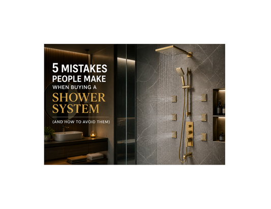 Luxury bathroom with brushed gold shower system featuring rainfall showerhead, handheld shower, and body jets illustrating common shower system buying mistakes