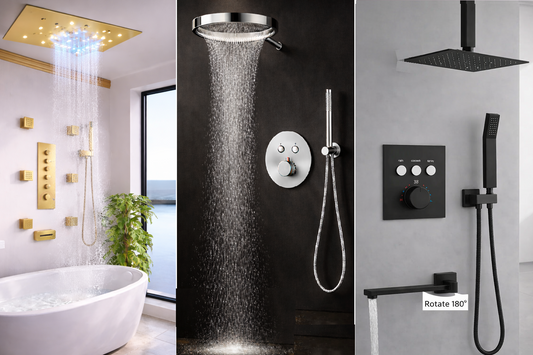 Popular shower system finishes including brushed gold, chrome, and matte black for modern bathrooms.