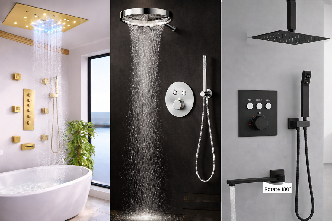Popular shower system finishes including brushed gold, chrome, and matte black for modern bathrooms.