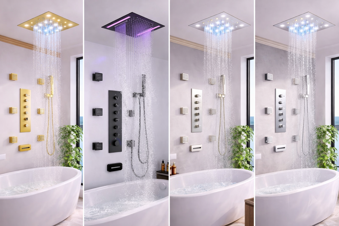 MAX Faucets luxury 6-function ceiling thermostatic shower system in matte black, brushed gold, brushed nickel and chrome