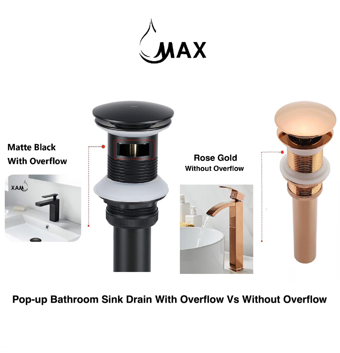 MAX Faucets Pop-Up Bathroom Sink Drain Overflow vs. Without Overflow