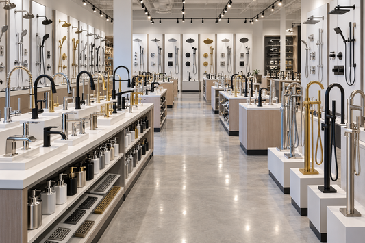 Retail showroom concept displaying a wide selection of kitchen and bathroom faucets, shower systems, tub fillers, soap dispensers, and drains