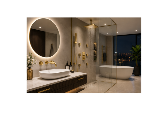 Luxury modern bathroom with brushed gold faucet, thermostatic shower system, rainfall shower head, and freestanding bathtub by MAX Faucets Canada