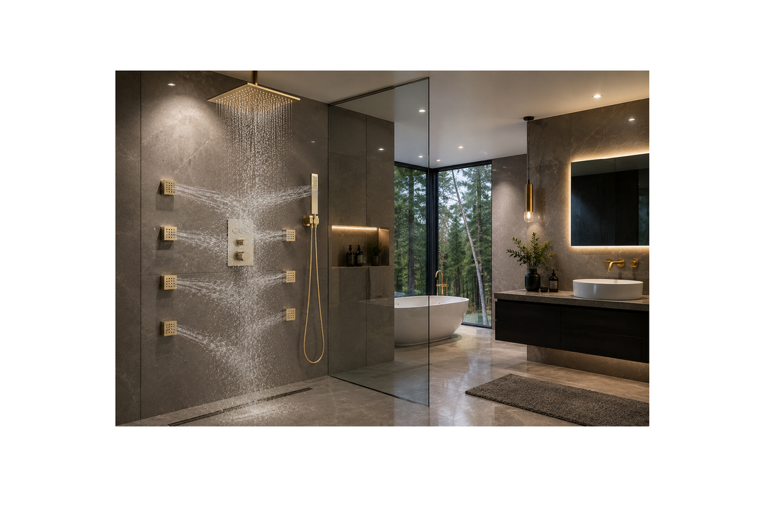 Luxury brushed gold thermostatic shower system with rainfall shower head and body jets in a modern spa-inspired bathroom by MAX Faucets Canada