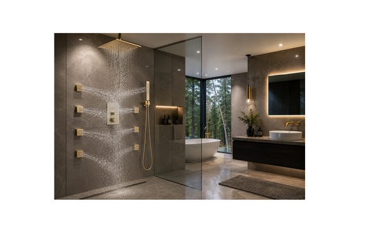Luxury brushed gold thermostatic shower system with rainfall shower head and body jets in a modern spa-inspired bathroom by MAX Faucets Canada