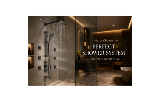 Luxury modern bathroom with matte black rainfall shower system, body jets, and glass enclosure in a contemporary design