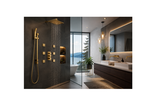Luxury brushed gold thermostatic shower system in a modern bathroom with rainfall shower head and body jets by MAX Faucets Canada