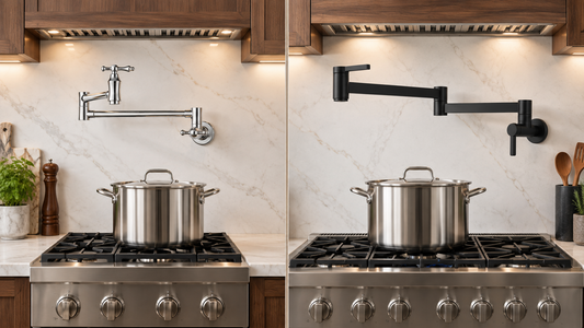 MAX Faucets 20-inch chrome and 26-inch matte-black wall-mounted pot fillers in luxury kitchens
