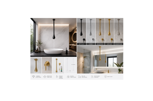 Luxury bathroom featuring MAX Faucets ceiling-mounted bathroom faucets with wall-mounted and deck-mounted control options