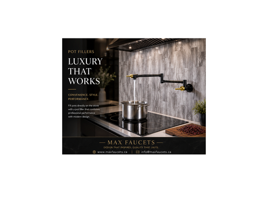 Luxury matte black and brushed gold pot filler installed above a modern stove in a high-end kitchen featuring the complete 2026 guide to pot filler installation, benefits, height, and rough-in placement by MAX Faucets.