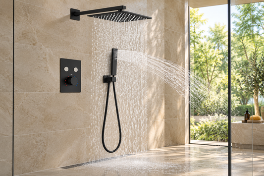 MAX Faucets matte black thermostatic shower system with the rain shower head and handheld operating at the same time.