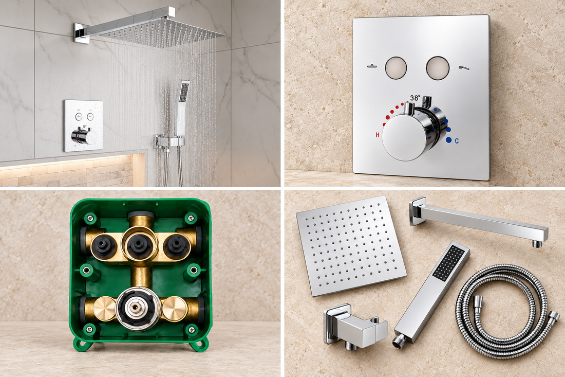 MAX Faucets shower collage showing an installed chrome rainfall shower, push-button trim kit, brass rough-in valve and shower accessories.