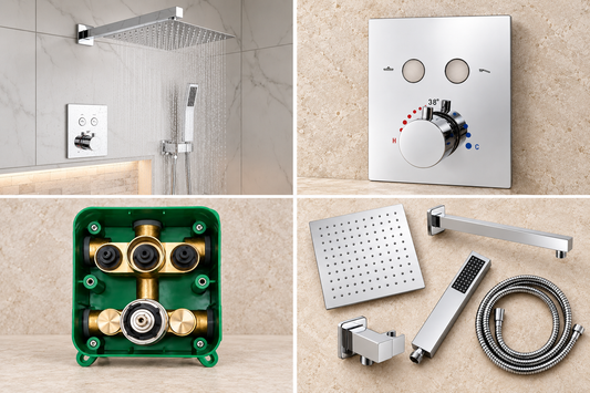 MAX Faucets shower collage showing an installed chrome rainfall shower, push-button trim kit, brass rough-in valve and shower accessories.