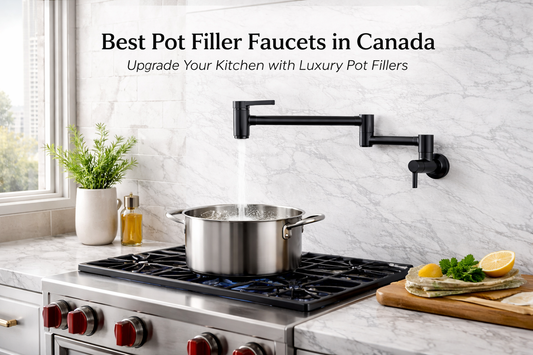 Wall mounted pot filler faucet in matte black over stove in modern luxury kitchen Canada