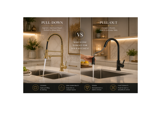 Luxury kitchen featuring a pull-down kitchen faucet and a pull-out kitchen faucet side by side, comparing their design, functionality, and everyday use.