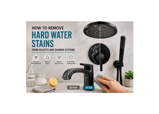 Removing hard water stains from a matte black faucet and shower system using safe cleaning methods to prevent mineral buildup and restore shine.