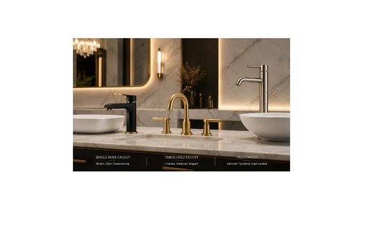 Single hole bathroom faucet, widespread three-hole bathroom faucet, and tall vessel bathroom faucet displayed on a luxury marble vanity in a modern bathroom