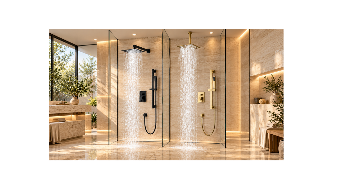 Matte black wall-mounted and brushed gold ceiling-mounted shower systems with adjustable handheld slide bars.