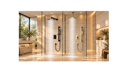 Matte black wall-mounted and brushed gold ceiling-mounted shower systems with adjustable handheld slide bars.