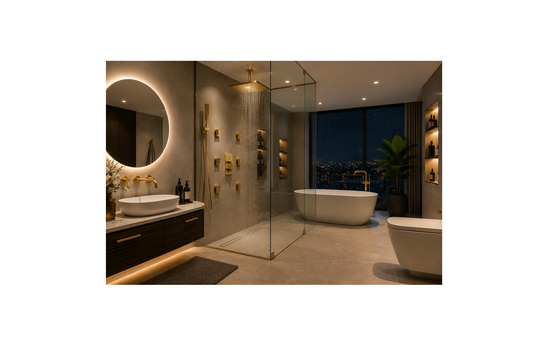 Luxury modern bathroom featuring a rainfall shower system, brushed gold fixtures, freestanding bathtub, and contemporary design trends popular in Canada for 2026.