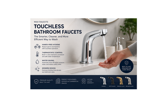 Touchless bathroom faucets with motion sensor technology in chrome, matte black, brushed gold, and brushed nickel finishes