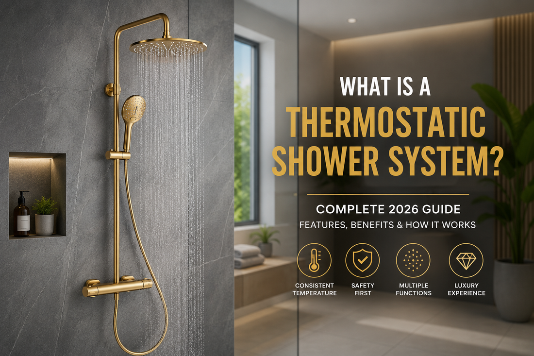 Brushed gold thermostatic shower system by MAX Faucets with rainfall shower head and handheld shower.
