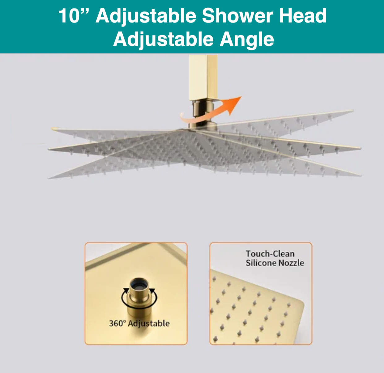 Shower Head High Pressure Ultra-Thin Square Shape Design 10" In Brushed Gold Finish