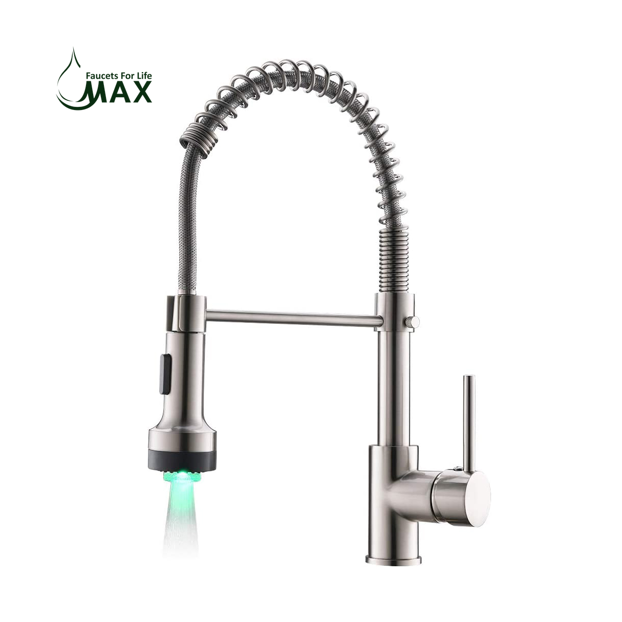 MAX Faucets | Pull-Down Spiral Flexible Kitchen Faucet – 16.5" Brushed Nickel Finish with LED Light
