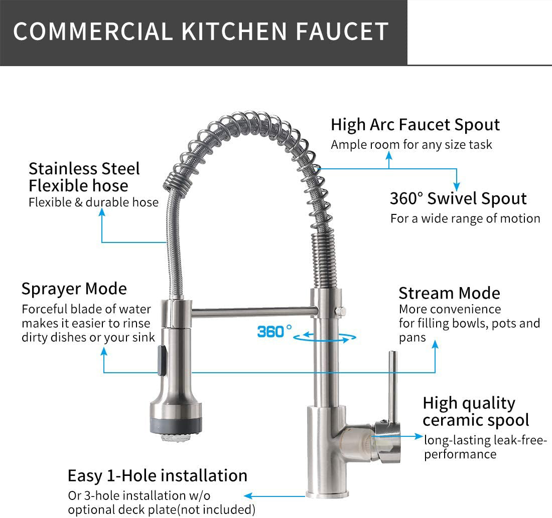 MAX Faucets | Pull-Down Spiral Flexible Kitchen Faucet – 16.5" Brushed Nickel Finish with LED Light