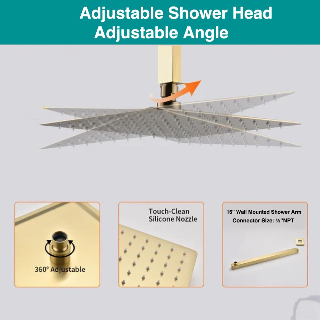 Ceiling Thermostatic Shower System Three Function Handheld With 4 Body Jets and Valve Brushed Gold Finish