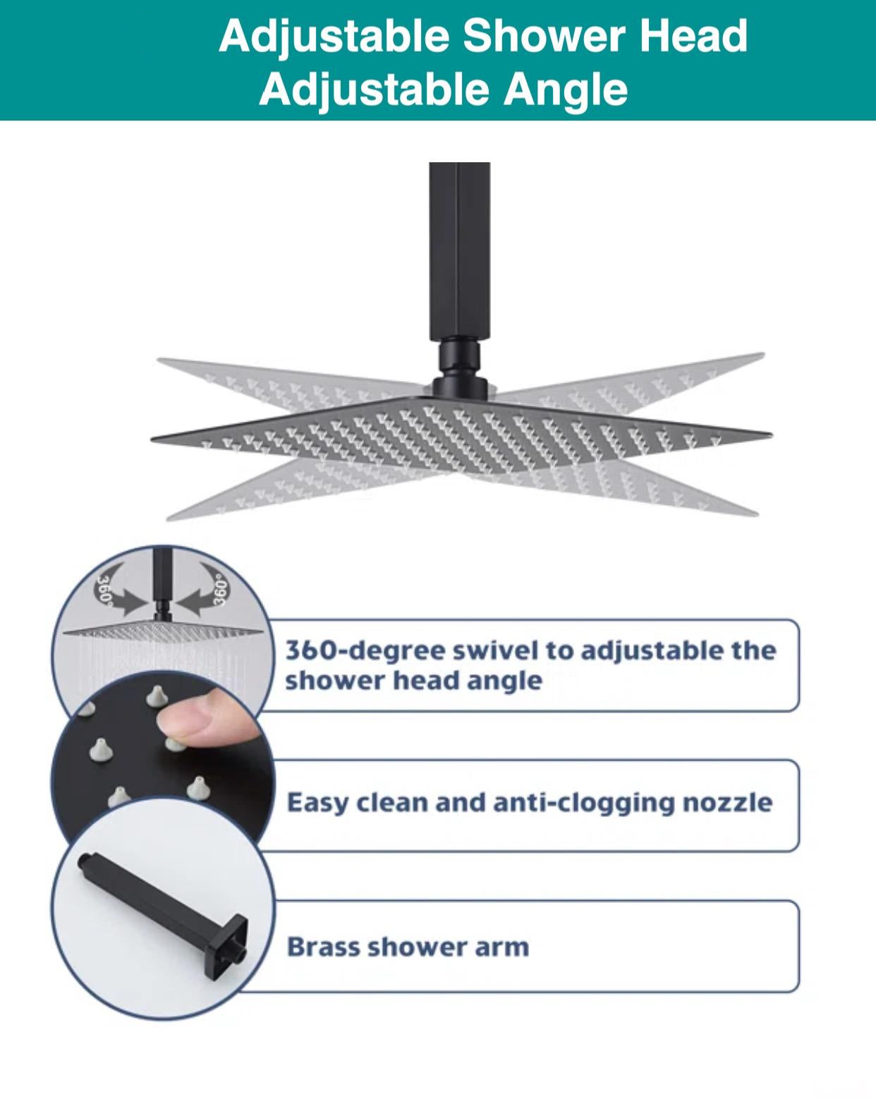 Ceiling Thermostatic Shower System Three Function Handheld With 6 Body Jets and Valve Matte Black Finish