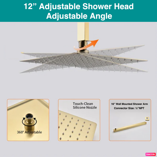 Shower Head High Pressure Ultra-Thin Square Shape Design 12" Brushed Gold Finish