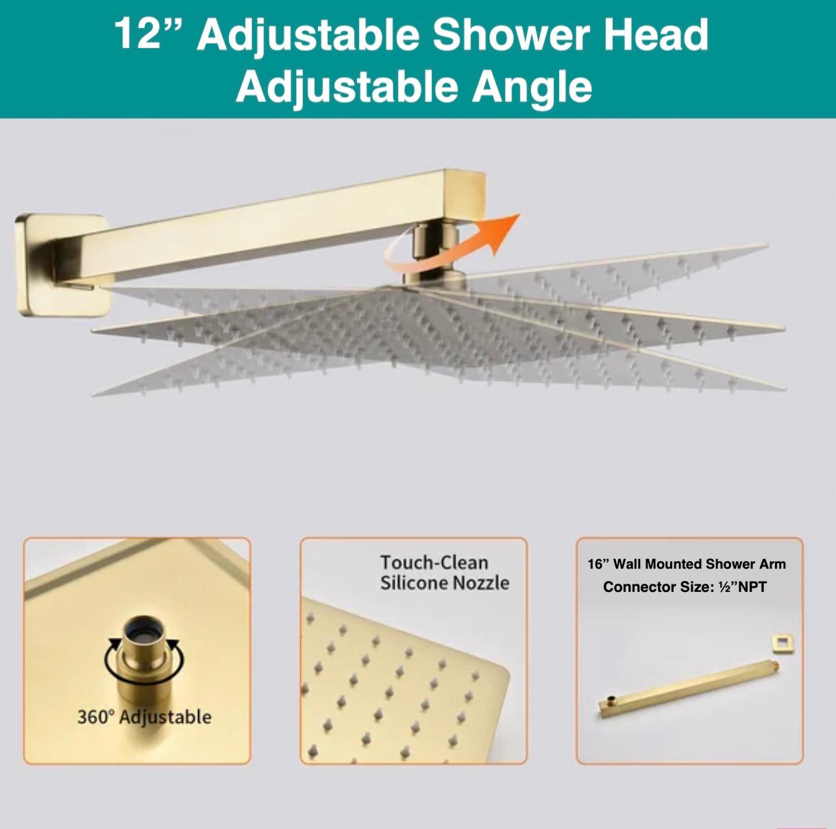 Tub-Filler Thermostatic Shower System Two Functions With Pressure-Balance Valve Brushed Gold Finish