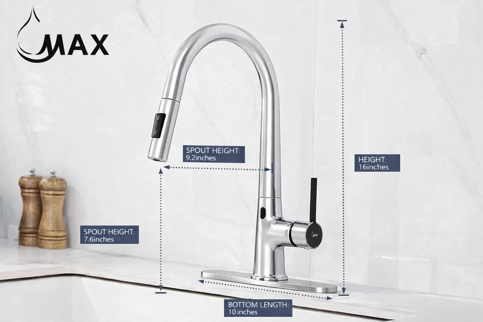 Touchless Kitchen Faucet – Smart Single Handle Pull-Out, 16” High Arc Spout, Chrome, Matte Black Finish