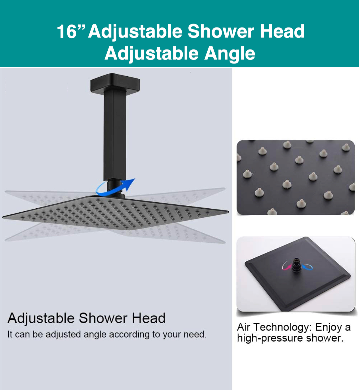 Square Shower Head High Pressure Ultra-Thin 16" Matte Black Finish