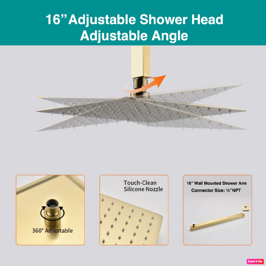 Shower Head High Pressure Ultra-Thin Square Shape Design 16" Brushed Gold Finish