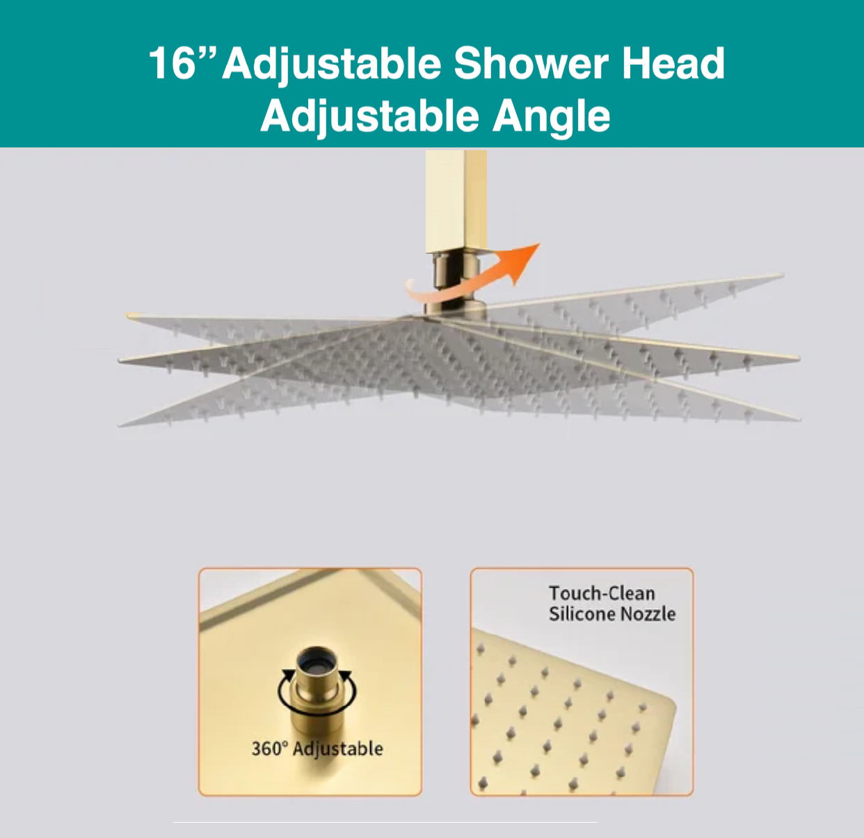 Shower Head High Pressure Ultra-Thin Square Shape Design 16" Brushed Gold Finish