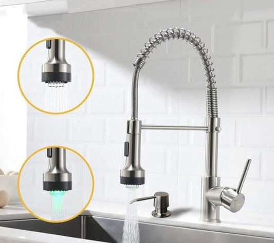 Pull-Down Spiral Flexible Kitchen Faucet 16.5" With LED Light And Soap Dispenser Brushed Nickel Finish